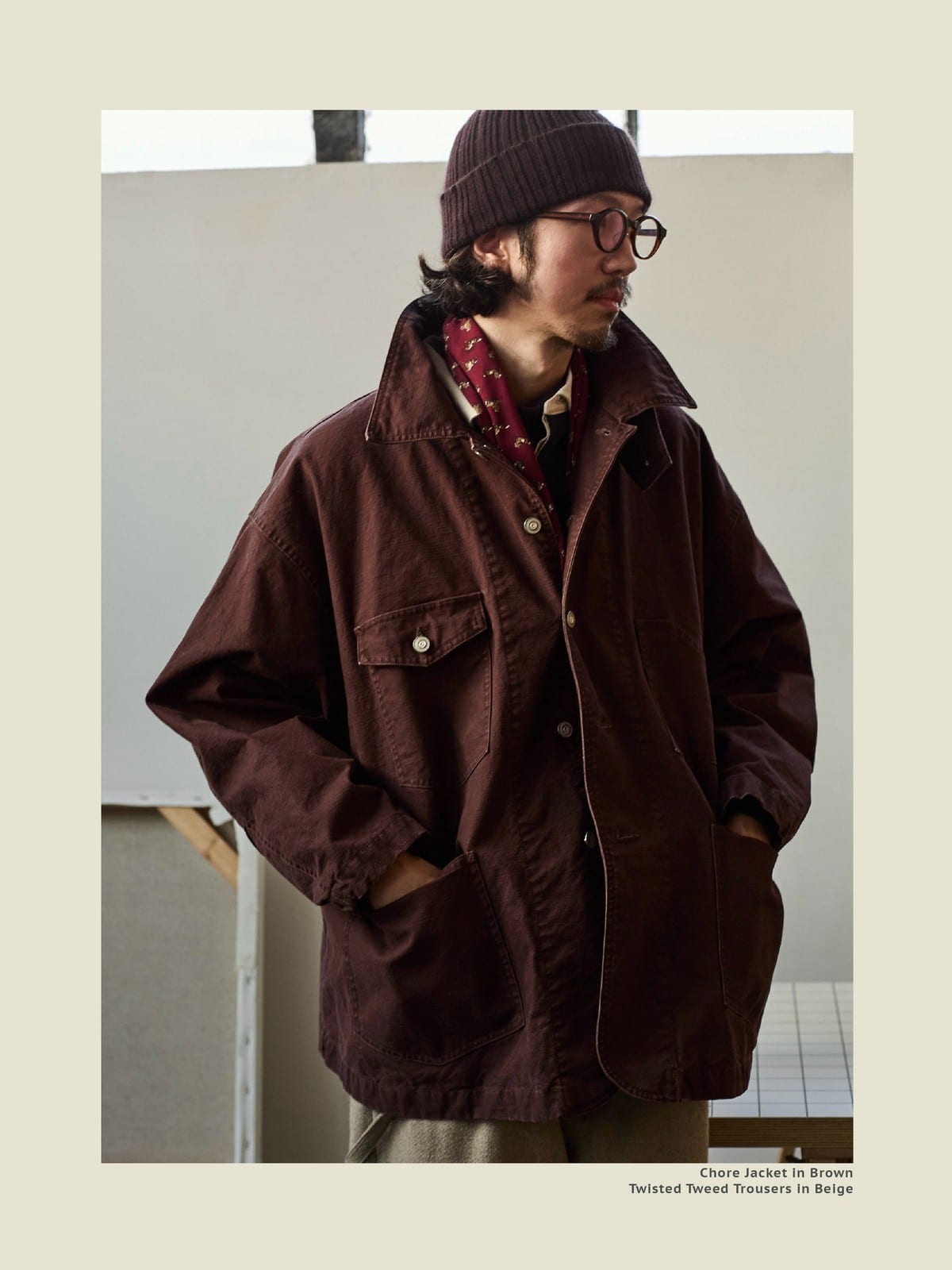 USAGE Washed Heavyweight Cotton Chore Jacket in Brown - On Male Model