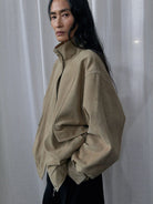 Random Piece Sheepskin Suede Stand Collar Jacket in Khaki - On Female Model