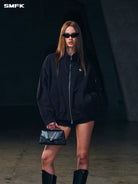 SMFK Vintage Wash Cotton Track Jacket in Black - On Female Model