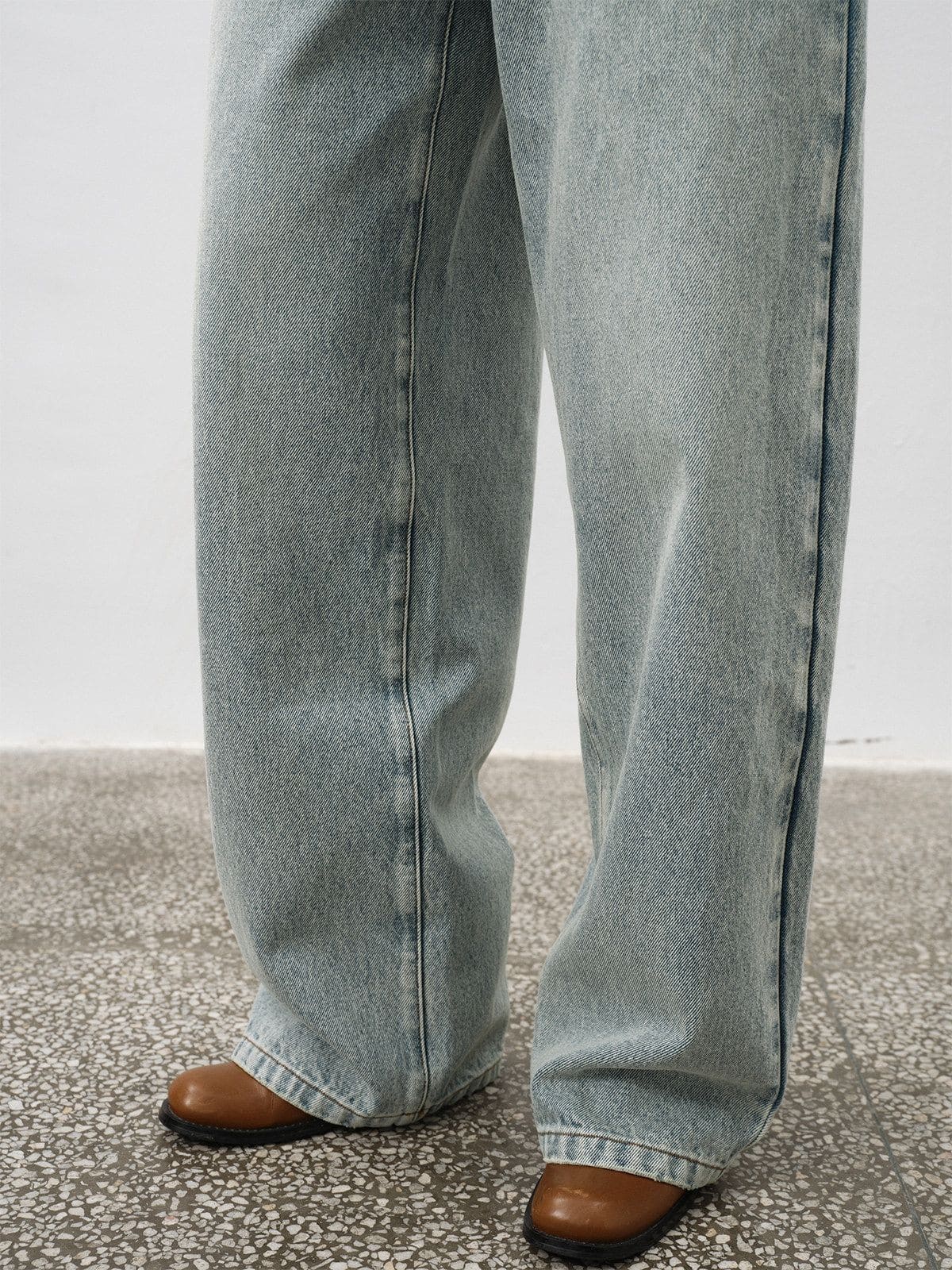 Random Piece Washed Cotton Twill Straight Jeans in Light Blue - On Model