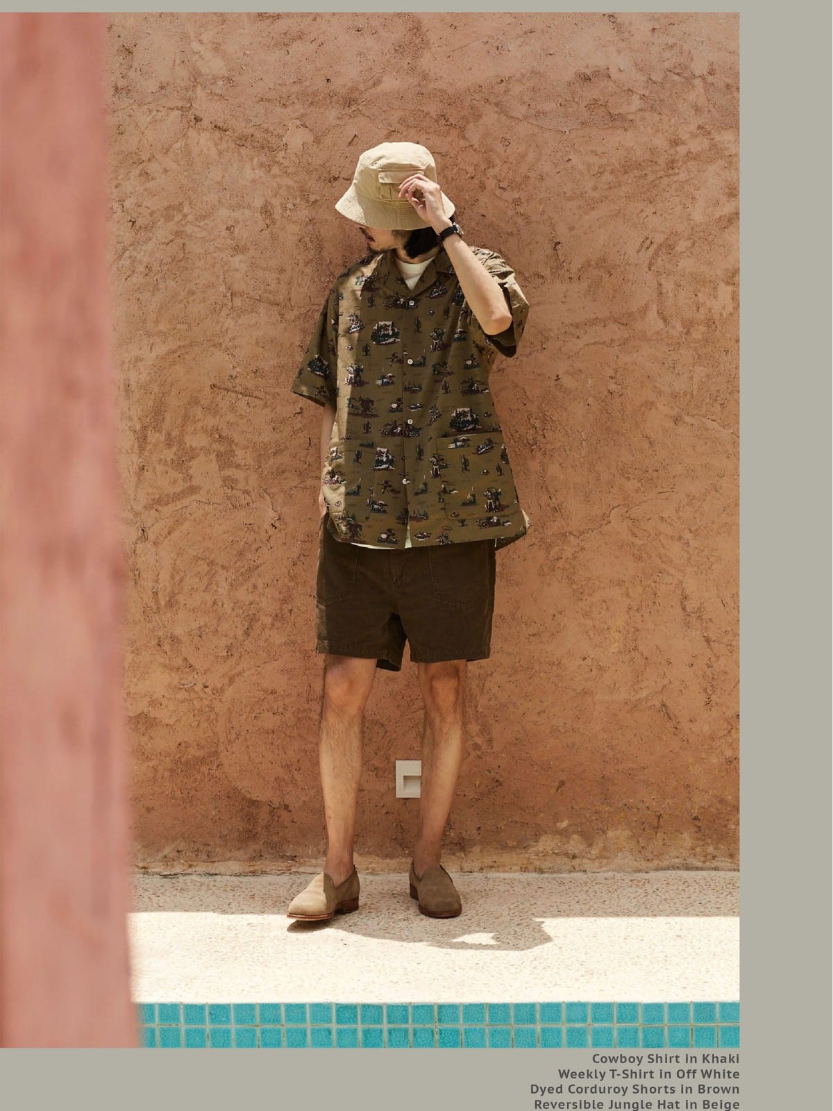 USAGE Cowboy Print Cotton Hawaiian Shirt in Beige - On Male Model