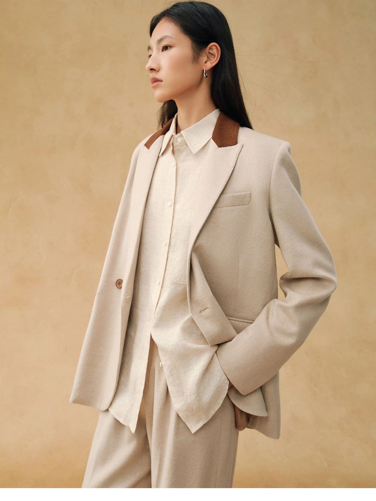 TEASEL Silk Camel Hair Blazer Trousers Set in Beige - On Female Model