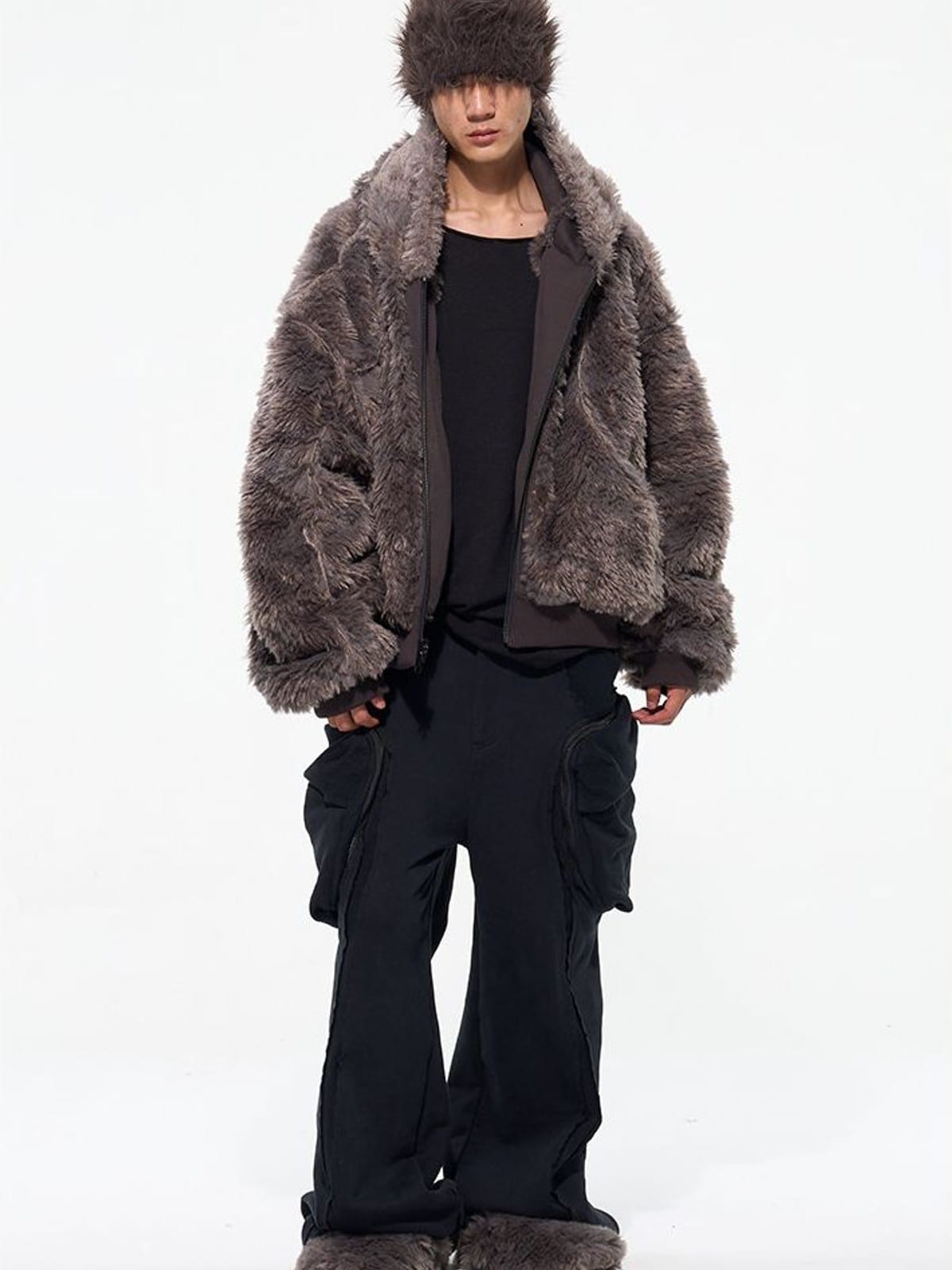 D5ove Faux Fur Zip Up Hoodie in Gray - On Male Model