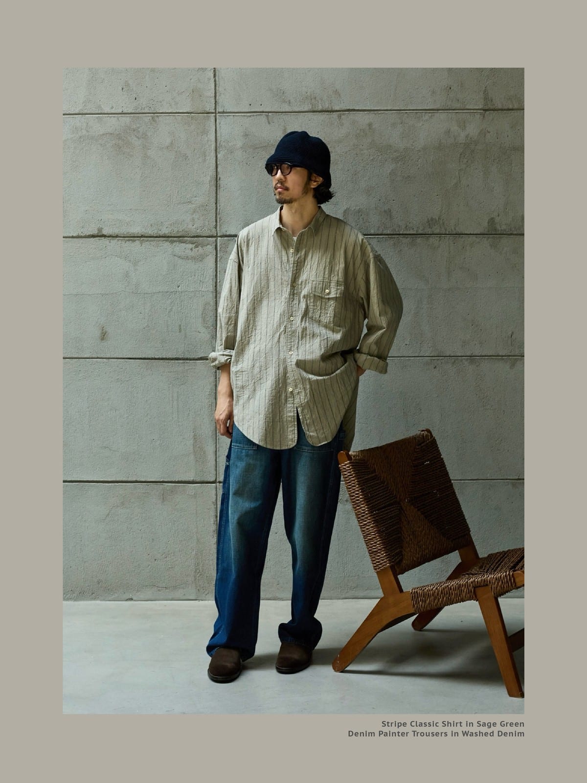 USAGE Crinkled Cotton Striped Button Down in Beige - On Male Model