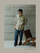 USAGE Crinkled Cotton Striped Button Down in Beige - On Male Model
