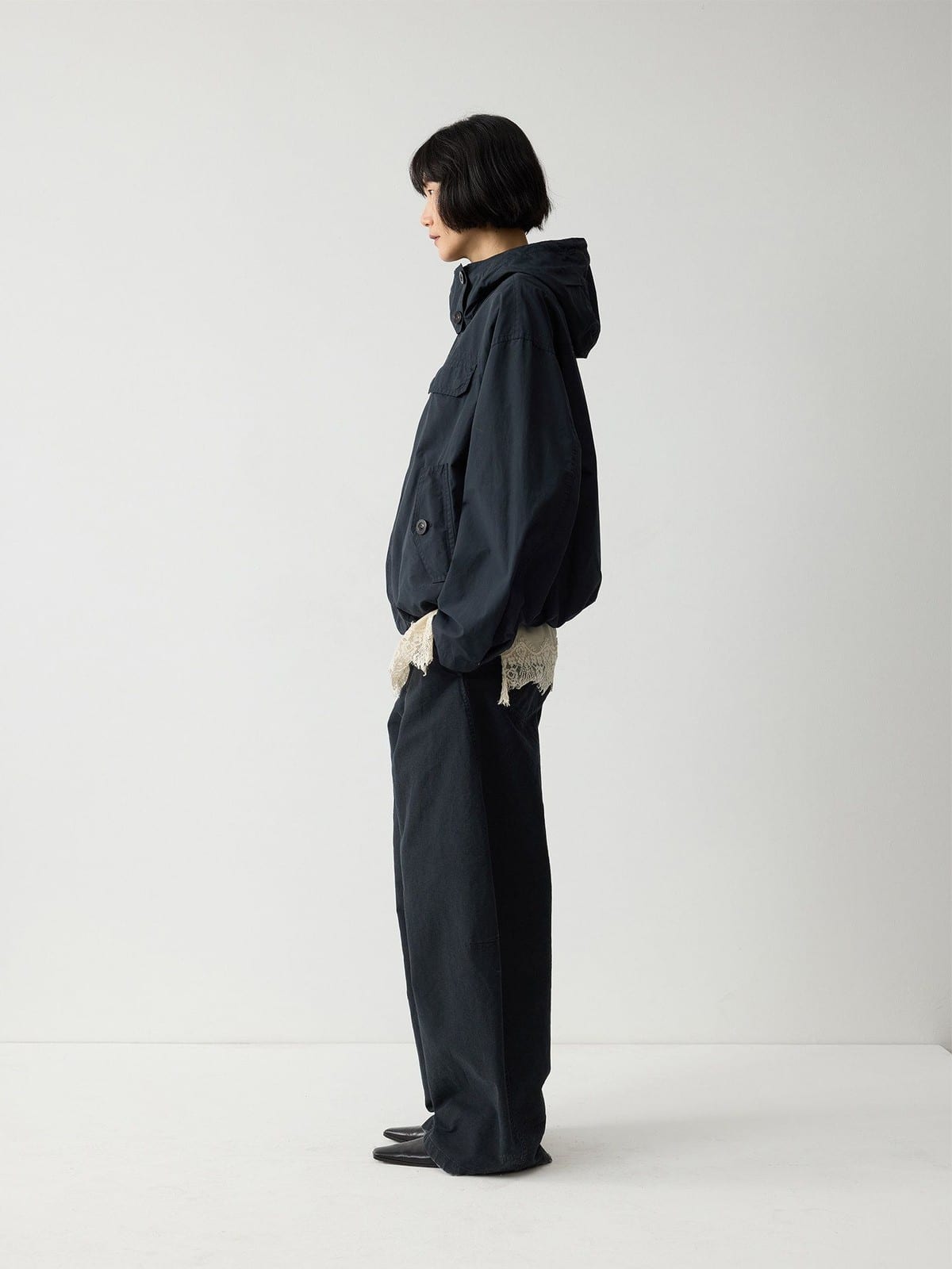Random Piece Cotton Blend Cropped Drawstring Jacket in Navy Blue - On Female Model