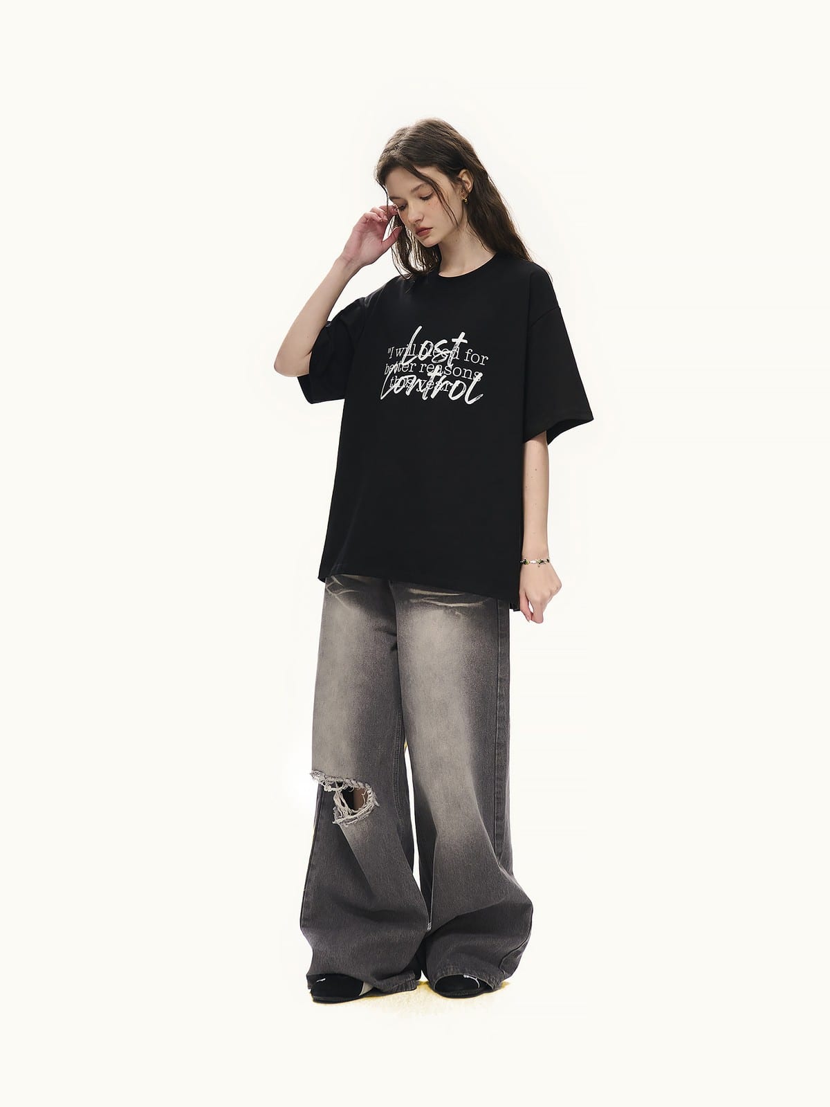LOSTCTRL Typography Graphic Cotton Blend T Shirt in Black - On Female Model