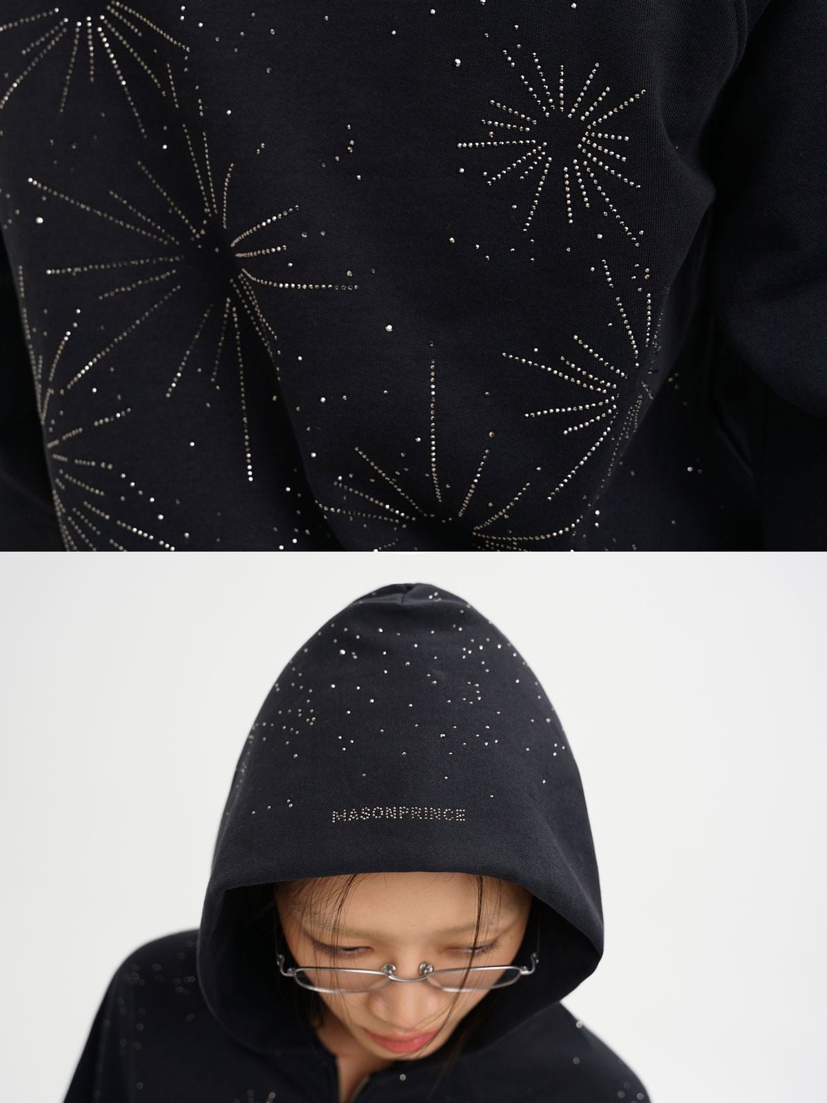 MASONPRINCE Fireworks Cotton Zip Up Hoodie in Black - On Female Model