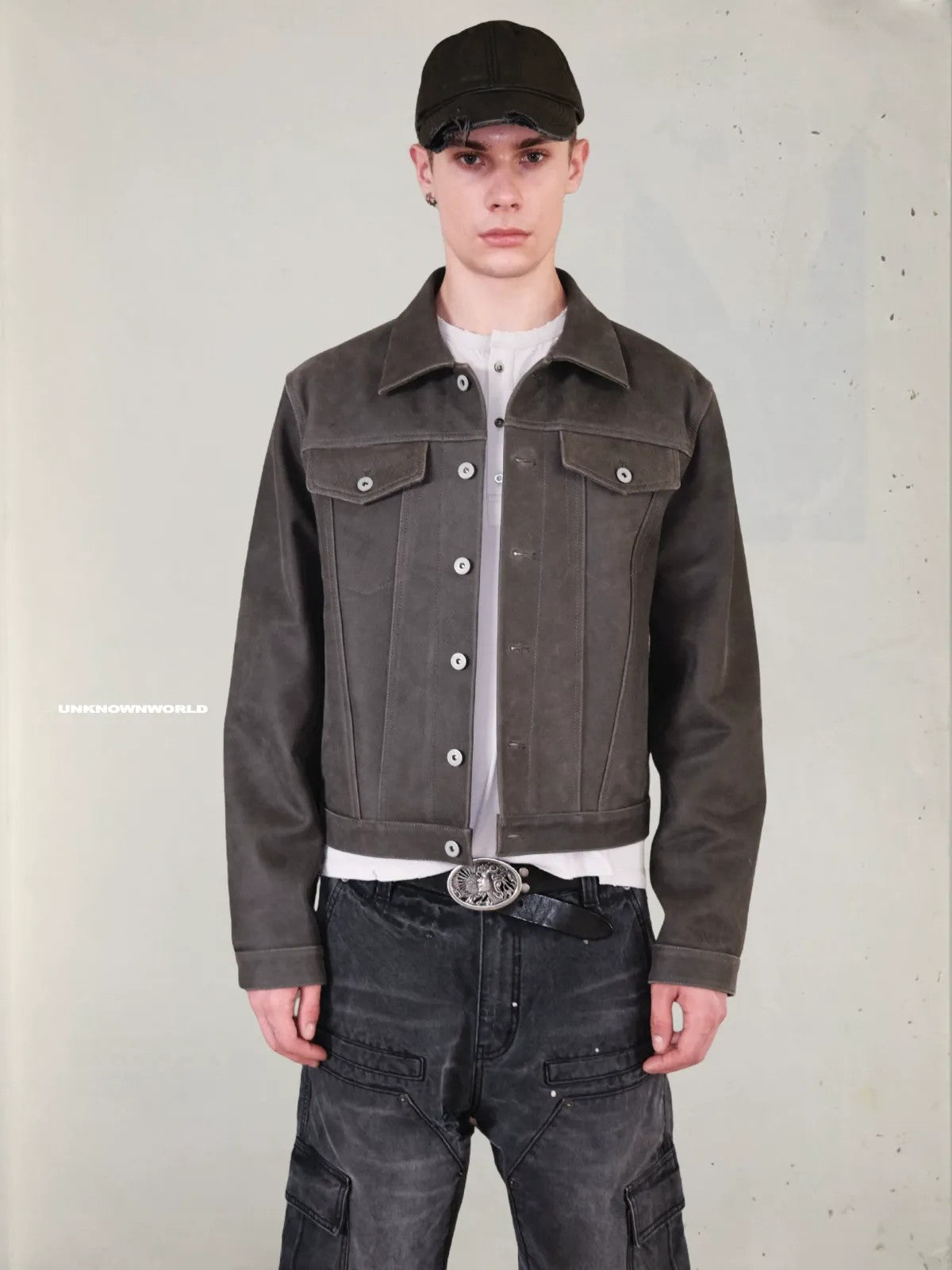 UNKNOWNWORLD Cracked Leather Type 3 Jacket in Green - On Male Model
