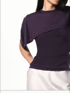 RARELY ALIKE Asymmetrical Draped Lyocell Blend Top in Purple - On Female Model