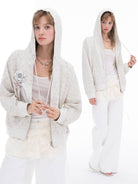 THELIGHT OFFICIAL Floral Zip Up Hoodie in Gray - On Female Model