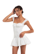 SweetChilling Eyelet Cotton Off Shoulder Mini Dress in White - On Female Model