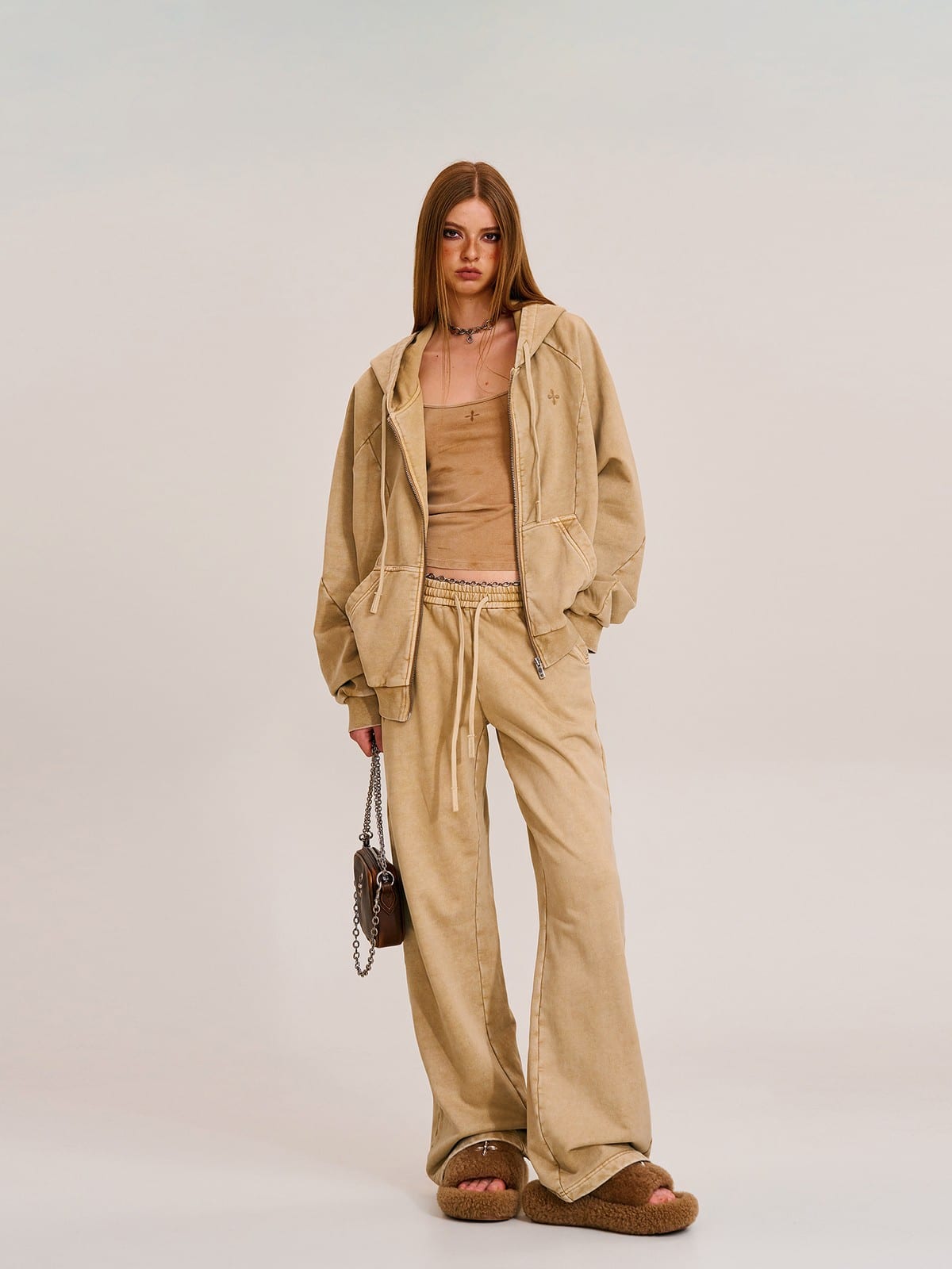 SMFK Washed Cotton Zip Up Hoodie in Beige - On Female Model