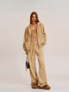 SMFK Washed Cotton Zip Up Hoodie in Beige - On Female Model