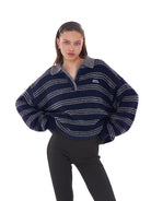 SweetChilling Striped Lambswool Blend Polo Sweater in Navy Blue - On Female Model
