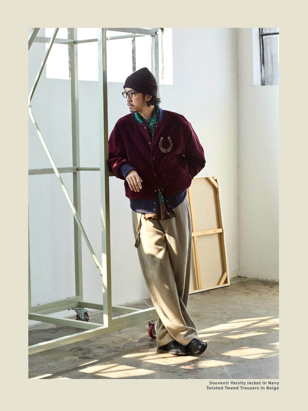 USAGE Reversible Velvet Leather Varsity Jacket in Navy Blue - On Male Model