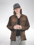 UNKNOWNWORLD Distressed Raw Hem Plaid Shirt in Coffee - On Male Model