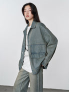 Random Piece Cotton Convertible Workwear Jacket in Denim - On Female Model