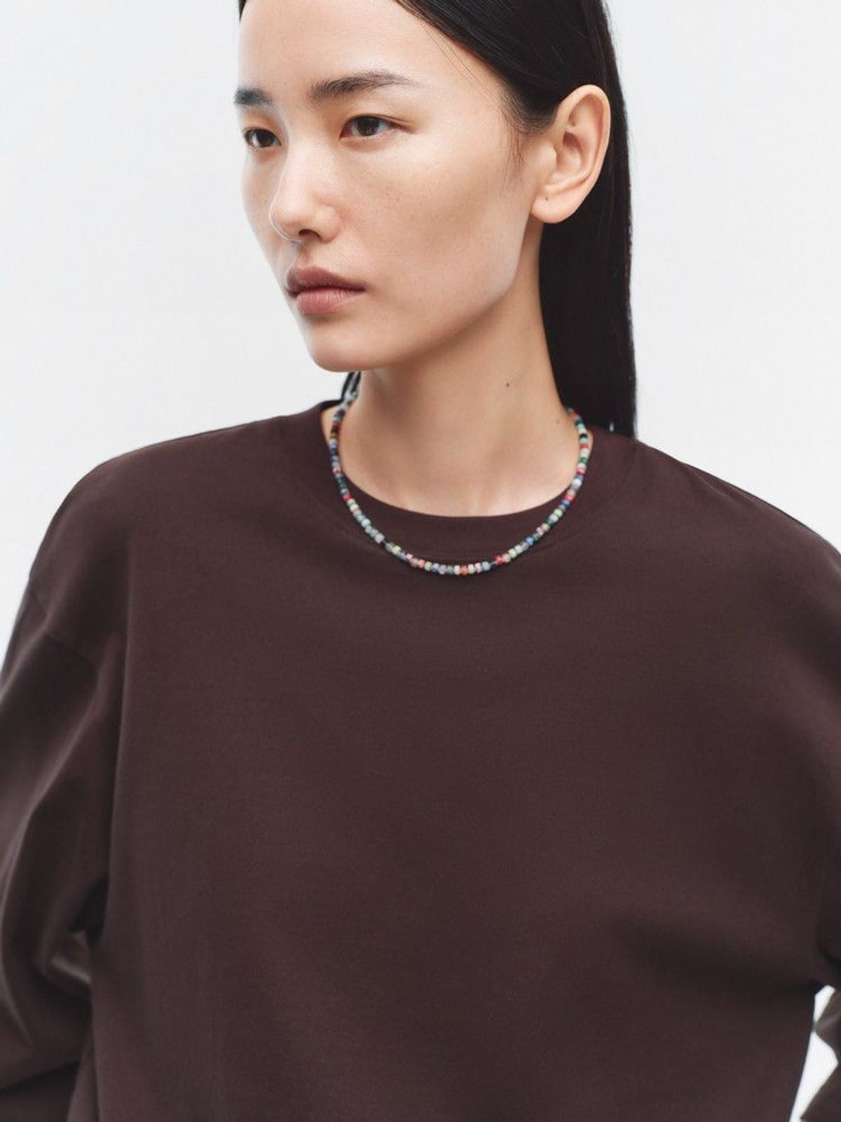 EDITION Cotton Half Sleeve T Shirt with Beaded Neckline in Burgundy - On Female Model