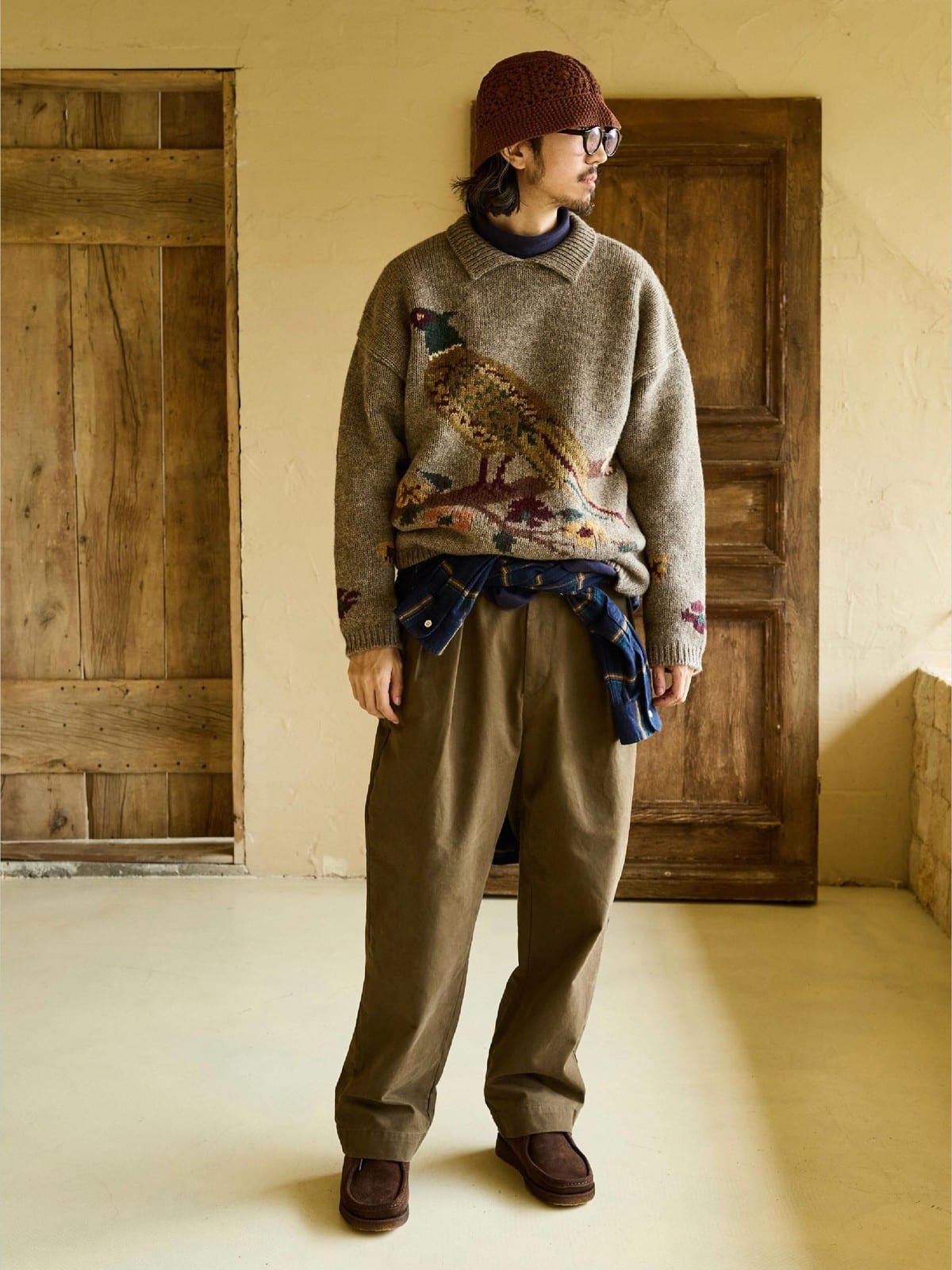 USAGE Pleated Cotton Twill Chinos in Beige - On Male Model