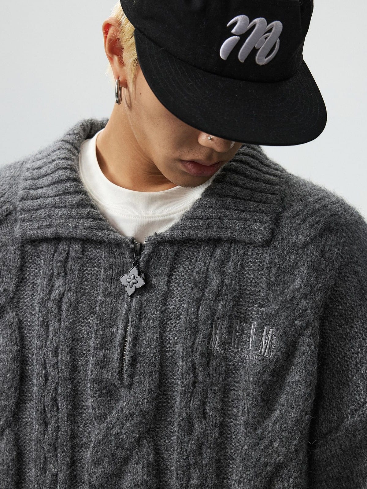 MEDM Cable Knit Quarter Zip Sweater in Gray - On Male Model