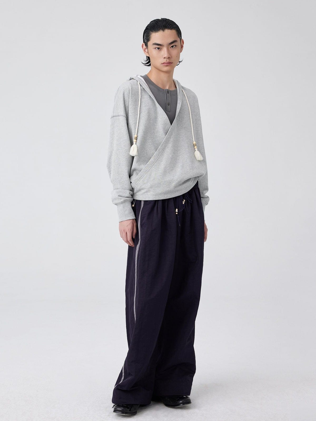 SIMPLE PROJECT Overlapping Slant Placket Hoodie in Gray - On Male Model