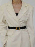 PANLULUPAN Suede Cowhide Belt with Matte Gold Buckle in Black - On Female Model