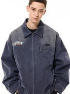 UNKNOWNWORLD Sun Faded Canvas Racing Jacket in Denim - On Female Model