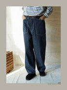 USAGE Vintage Neppy Cotton Straight Leg Jeans in Navy Blue - On Male Model