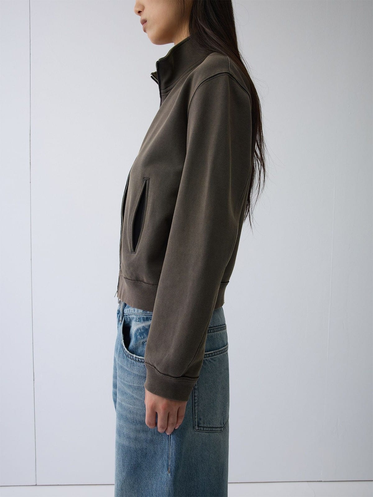 Random Piece Washed Cotton Stand Collar Zip Sweatshirt in Brown - On Female Model