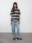 Random Piece Semi Sheer Striped Knit Top in Blue - On Female Model