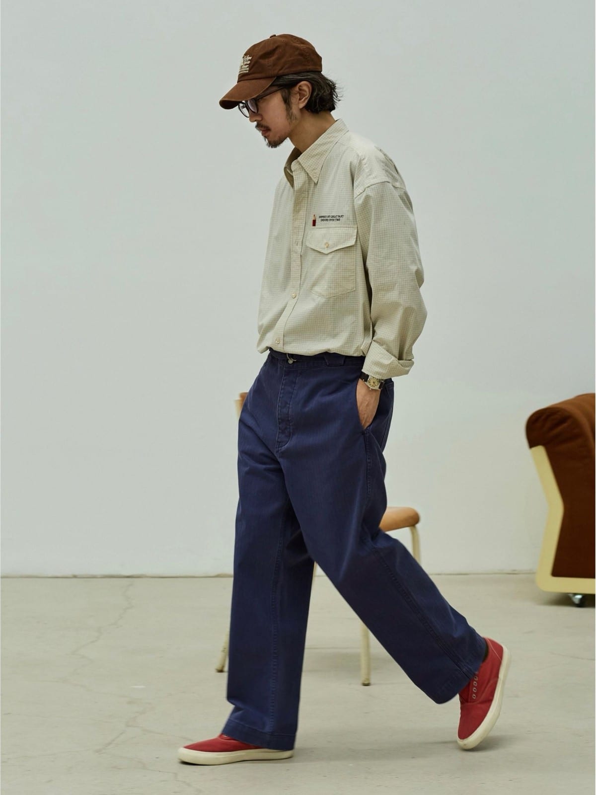 USAGE Oversized Micro Check Button Down Shirt in Cream - On Male Model
