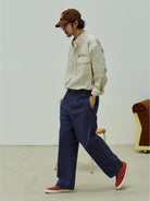 USAGE Oversized Micro Check Button Down Shirt in Cream - On Male Model