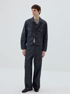 SIMPLE PROJECT Ramie Blend Raw Denim Field Jacket in Blue - On Male Model