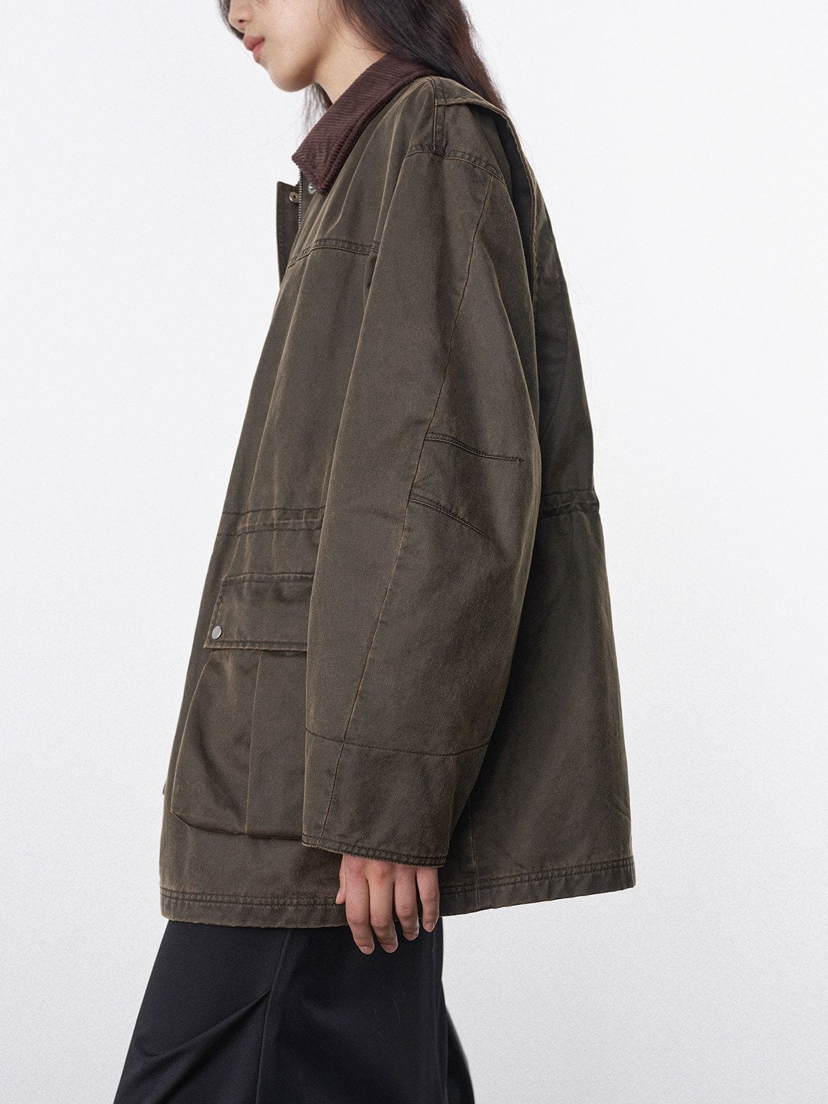 Random Piece Matte Coated Utility Jacket in Olive - On Female Model