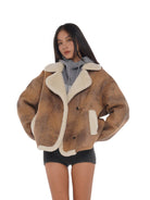 SweetChilling Vintage Faux Shearling Cropped Jacket in Brown - On Female Model