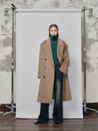 NANS Wool Double Breasted Peak Lapel Coat in Beige - On Female Model