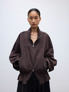Random Piece Washed Cotton Drawstring Jacket in Brown - On Female Model