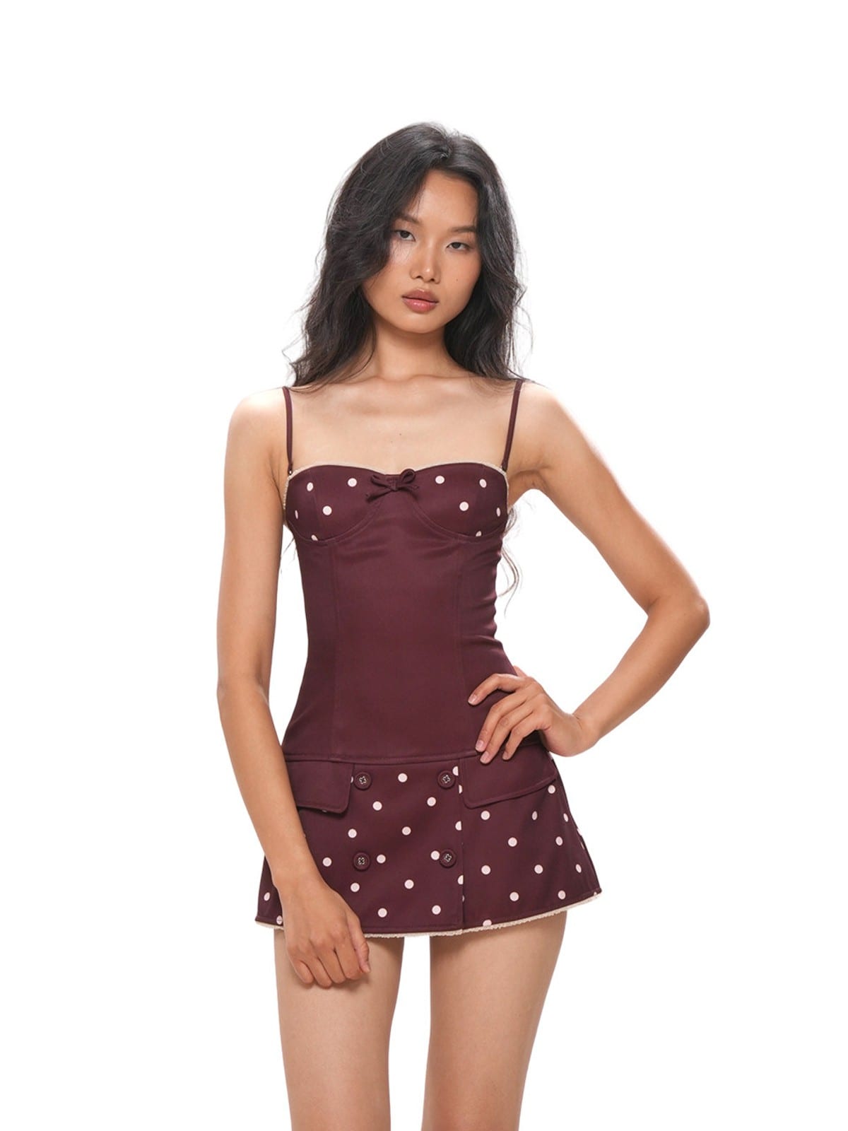 SweetChilling Polka Dot Bustier Mini Dress in Brown - On Female Model