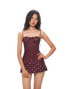 SweetChilling Polka Dot Bustier Mini Dress in Brown - On Female Model