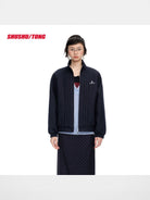 SHUSHUTONG Pleated Zip Up Wool Jacket in Navy Blue - On Female Model