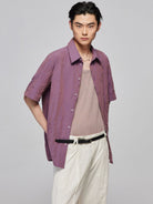 SIMPLE PROJECT Crinkled Linen Blend Short Sleeve Shirt in Purple - On Male Model