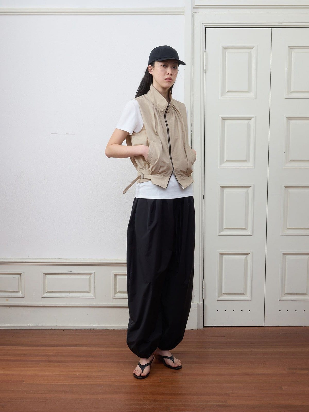 Random Piece Stand Collar Linen Blend Vest in Khaki - On Female Model