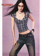 BeerBro Backless Plaid Mesh Top in Gray - On Female Model