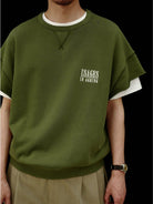 USAGE Raw Edge Cotton Short Sleeve Sweatshirt in Olive - On Male Model