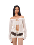 SweetChilling Sheer Jacquard Off Shoulder Cardigan in Off-White - On Female Model