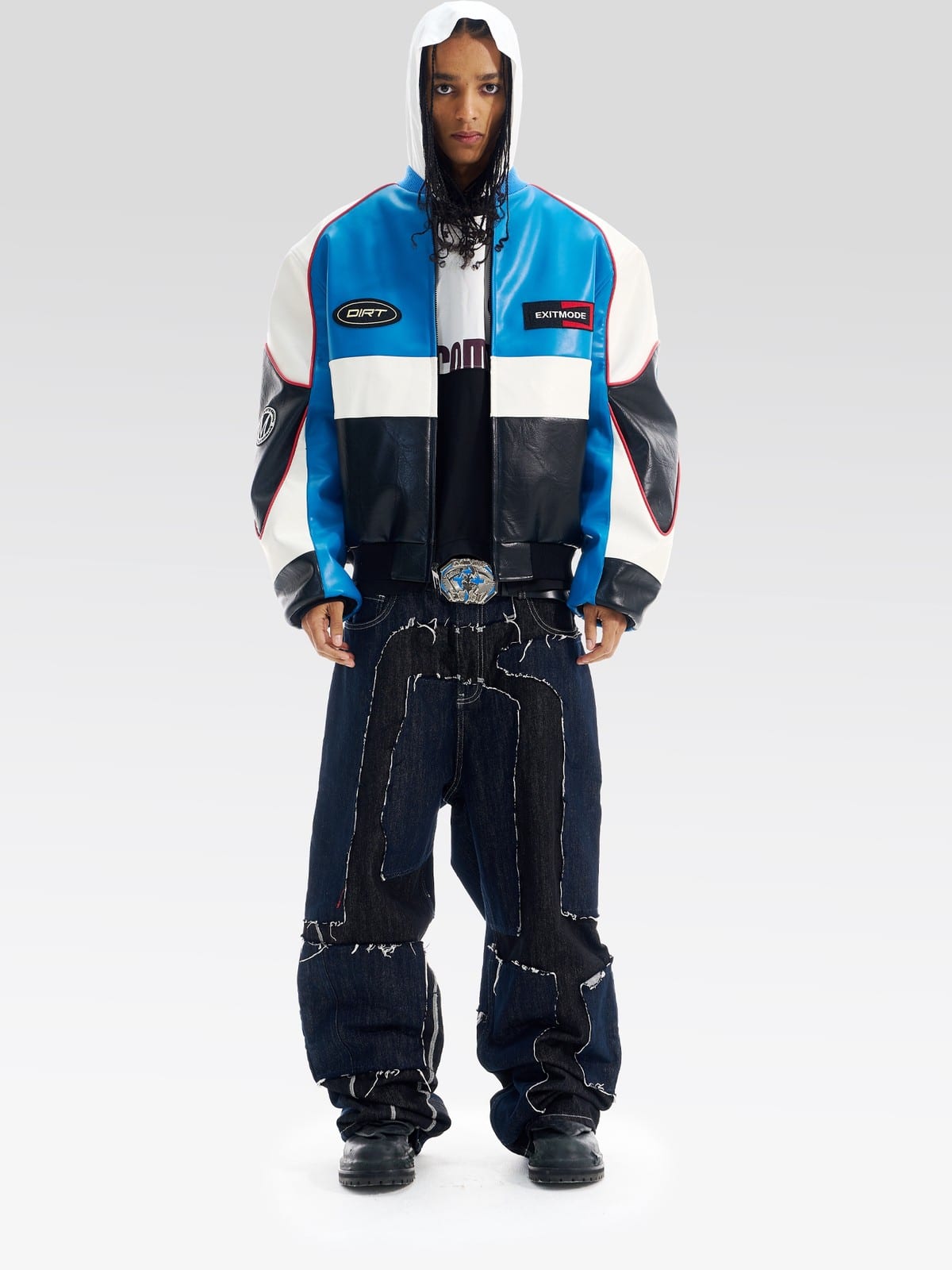BLINDNOPLAN Color Block Faux Leather Padded Jacket in Blue - On Male Model
