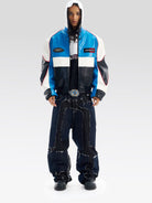 BLINDNOPLAN Color Block Faux Leather Padded Jacket in Blue - On Male Model