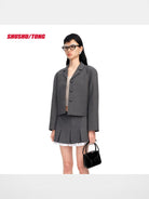 SHUSHUTONG Structured Wool Blend Cropped Jacket in Gray - On Female Model