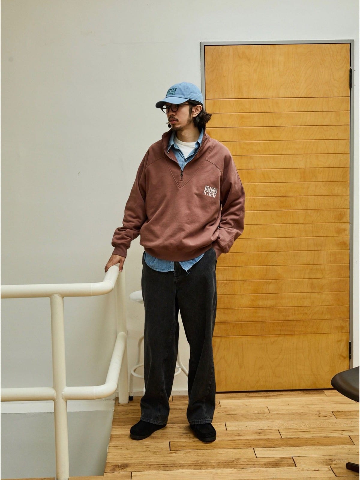 USAGE Heavyweight Cotton Half Zip Sweatshirt in Brown - On Male Model